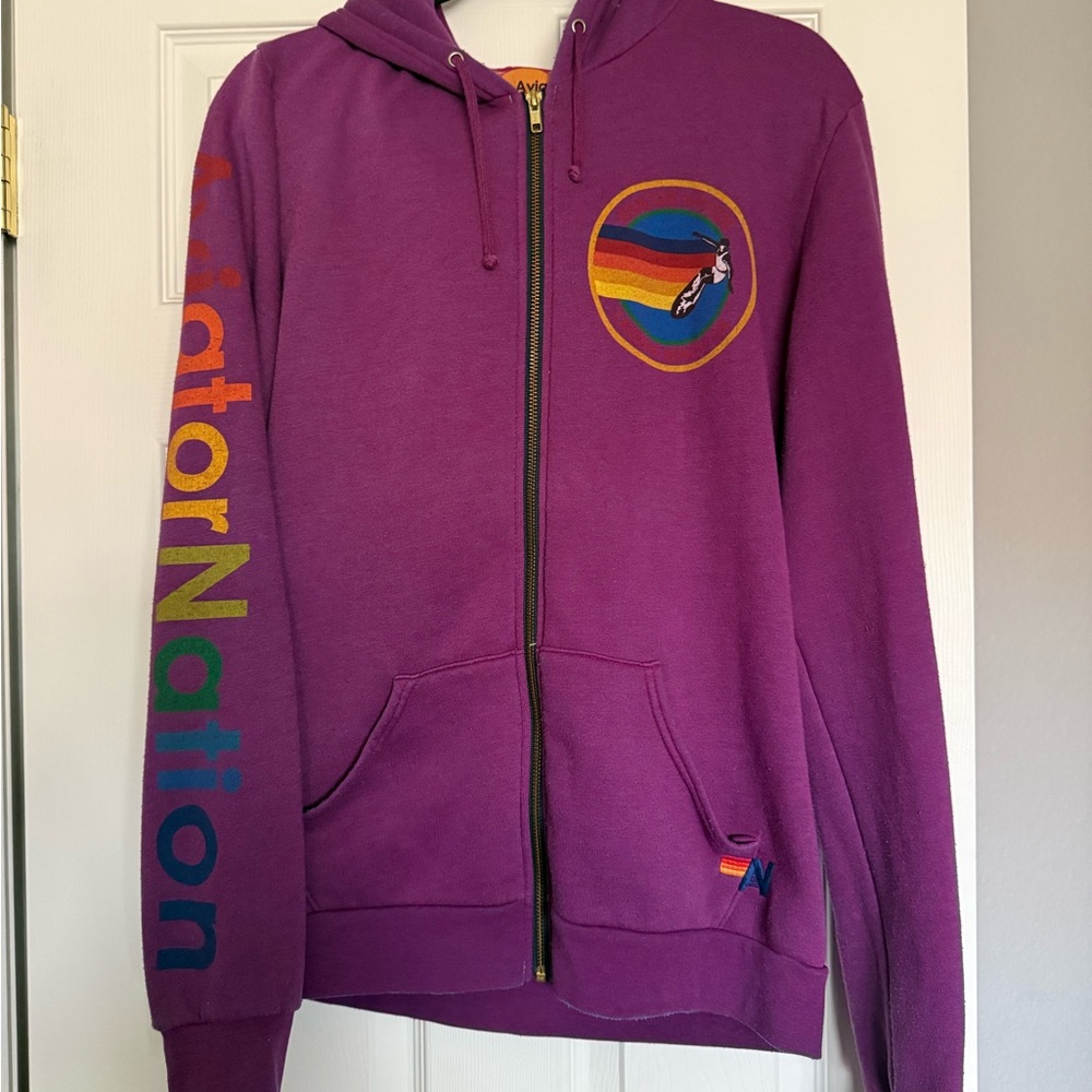Aviator Nation Purple Hoodie with Rainbow Details large